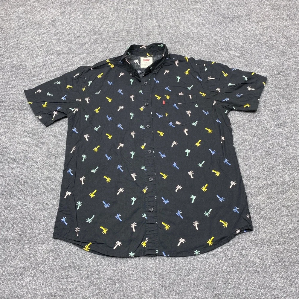Levi's Shirt Mens Medium Black Palm Tree Print Short Sleeve Button Down Casual